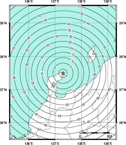 緊急地震速報第1報提供から主要動到達までの時間及び推計震度分布図