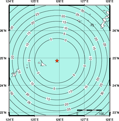 緊急地震速報第1報提供から主要動到達までの時間及び推計震度分布図