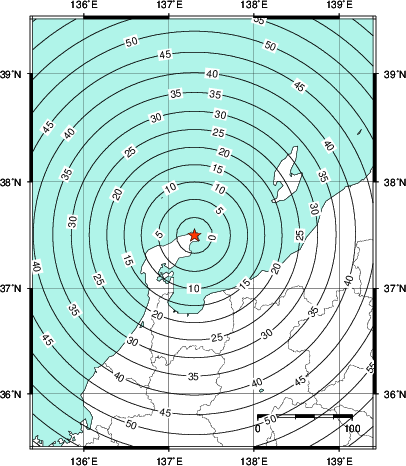 緊急地震速報第1報提供から主要動到達までの時間及び推計震度分布図