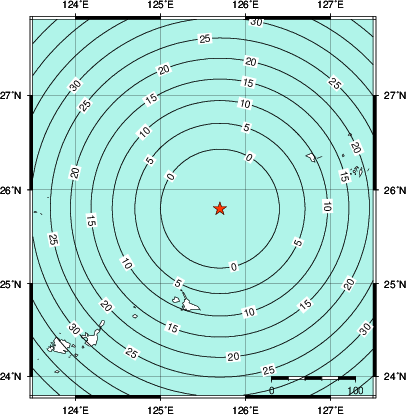 緊急地震速報第1報提供から主要動到達までの時間及び推計震度分布図