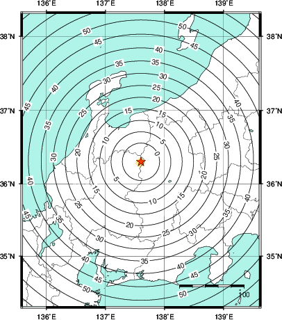 緊急地震速報第1報提供から主要動到達までの時間及び推計震度分布図