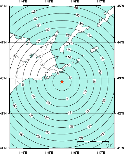 緊急地震速報第1報提供から主要動到達までの時間及び推計震度分布図