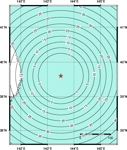 緊急地震速報第1報提供から主要動到達までの時間及び推計震度分布図