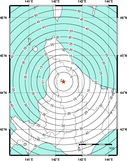 緊急地震速報第1報提供から主要動到達までの時間及び推計震度分布図