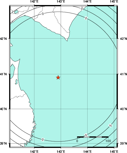 緊急地震速報第1報提供から主要動到達までの時間及び推計震度分布図