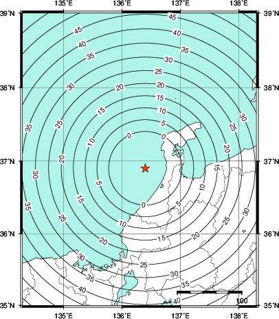 緊急地震速報第1報提供から主要動到達までの時間及び推計震度分布図