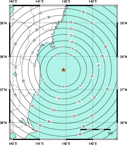緊急地震速報第1報提供から主要動到達までの時間及び推計震度分布図