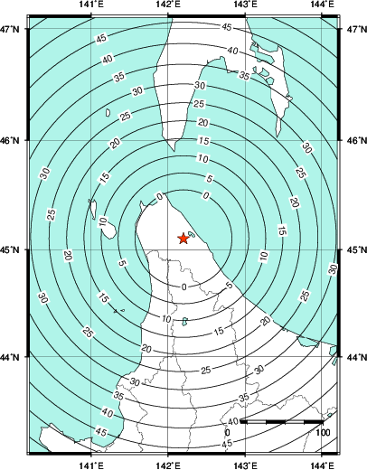緊急地震速報第1報提供から主要動到達までの時間及び推計震度分布図