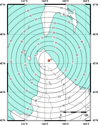 緊急地震速報第1報提供から主要動到達までの時間及び推計震度分布図