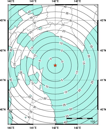 緊急地震速報第1報提供から主要動到達までの時間及び推計震度分布図