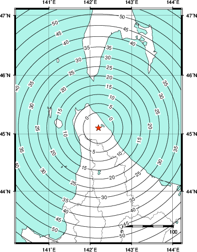 緊急地震速報第1報提供から主要動到達までの時間及び推計震度分布図