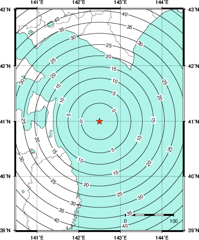 緊急地震速報第1報提供から主要動到達までの時間及び推計震度分布図