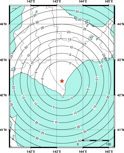 緊急地震速報第1報提供から主要動到達までの時間及び推計震度分布図