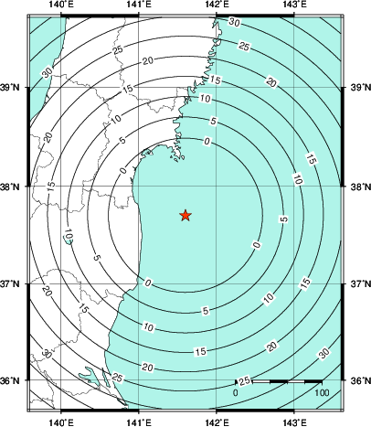 緊急地震速報第1報提供から主要動到達までの時間及び推計震度分布図