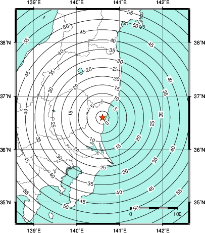緊急地震速報第1報提供から主要動到達までの時間及び推計震度分布図