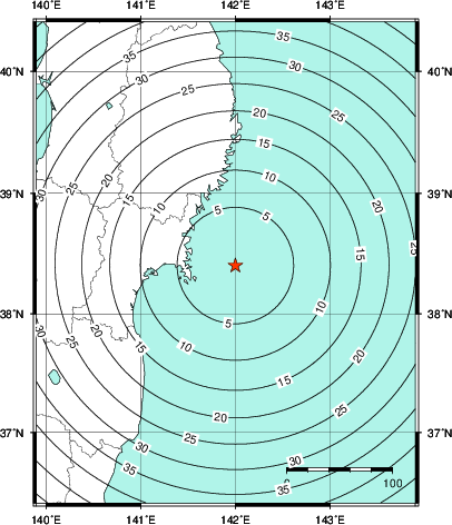 緊急地震速報第1報提供から主要動到達までの時間及び推計震度分布図
