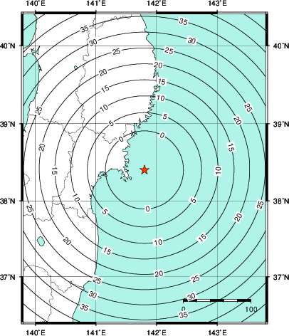 緊急地震速報第1報提供から主要動到達までの時間及び推計震度分布図
