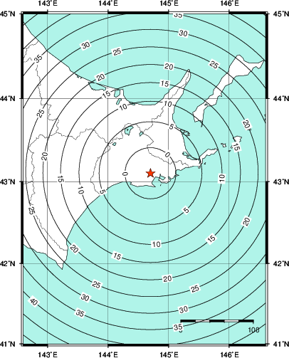 緊急地震速報第1報提供から主要動到達までの時間及び推計震度分布図