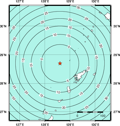 緊急地震速報第1報提供から主要動到達までの時間及び推計震度分布図