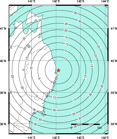 緊急地震速報第1報提供から主要動到達までの時間及び推計震度分布図