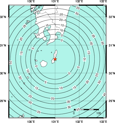 緊急地震速報第1報提供から主要動到達までの時間及び推計震度分布図