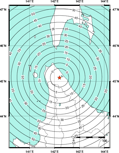 緊急地震速報第1報提供から主要動到達までの時間及び推計震度分布図