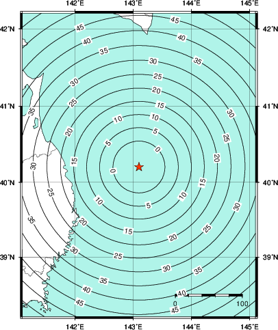 緊急地震速報第1報提供から主要動到達までの時間及び推計震度分布図