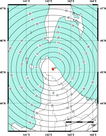 緊急地震速報第1報提供から主要動到達までの時間及び推計震度分布図