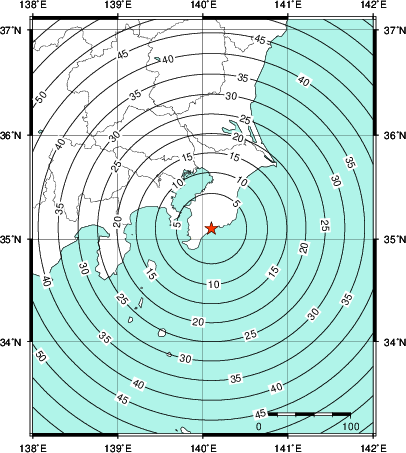 緊急地震速報第1報提供から主要動到達までの時間及び推計震度分布図