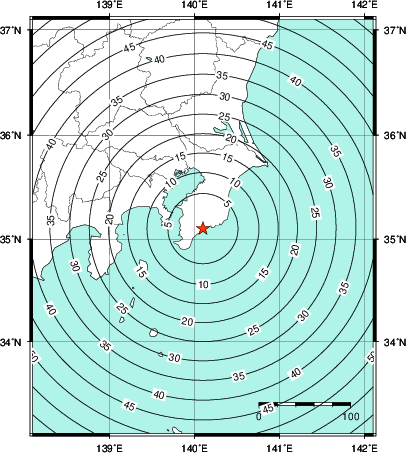 緊急地震速報第1報提供から主要動到達までの時間及び推計震度分布図