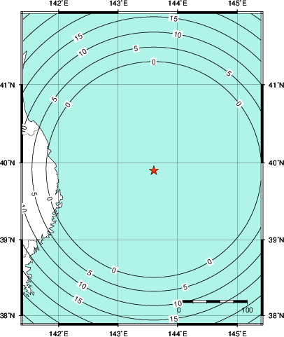 緊急地震速報第1報提供から主要動到達までの時間及び推計震度分布図