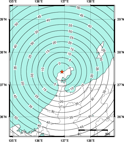 緊急地震速報第1報提供から主要動到達までの時間及び推計震度分布図