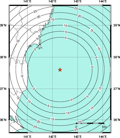 緊急地震速報第1報提供から主要動到達までの時間及び推計震度分布図
