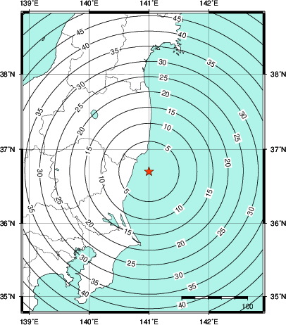 緊急地震速報第1報提供から主要動到達までの時間及び推計震度分布図
