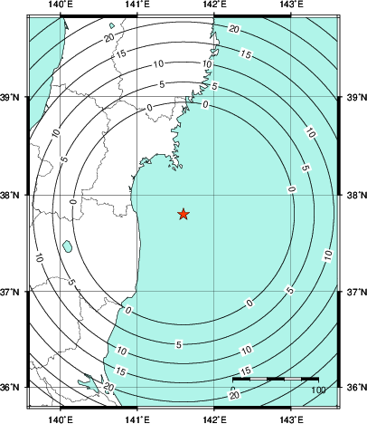 緊急地震速報第1報提供から主要動到達までの時間及び推計震度分布図