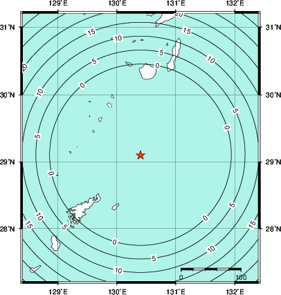 緊急地震速報第1報提供から主要動到達までの時間及び推計震度分布図