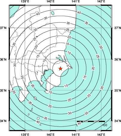 緊急地震速報第1報提供から主要動到達までの時間及び推計震度分布図