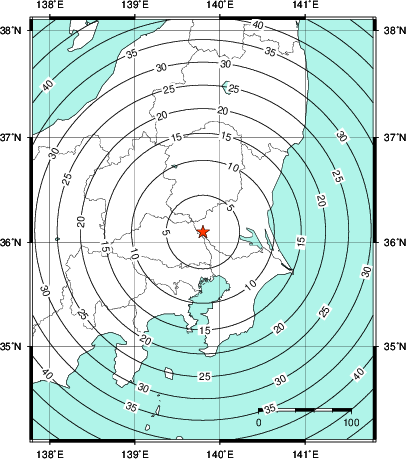 緊急地震速報第1報提供から主要動到達までの時間及び推計震度分布図