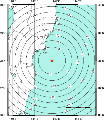 緊急地震速報第1報提供から主要動到達までの時間及び推計震度分布図
