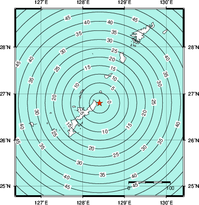 緊急地震速報第1報提供から主要動到達までの時間及び推計震度分布図