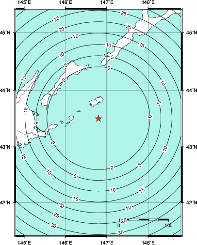 緊急地震速報第1報提供から主要動到達までの時間及び推計震度分布図