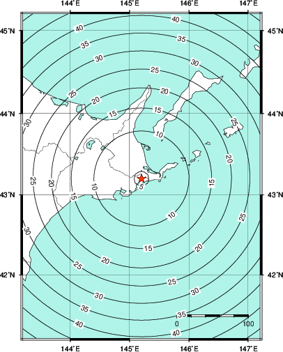 緊急地震速報第1報提供から主要動到達までの時間及び推計震度分布図