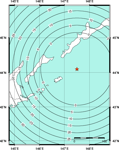 緊急地震速報第1報提供から主要動到達までの時間及び推計震度分布図