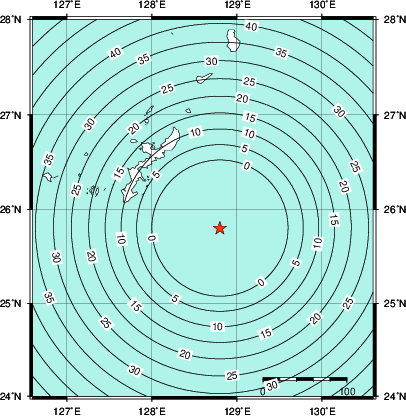緊急地震速報第1報提供から主要動到達までの時間及び推計震度分布図