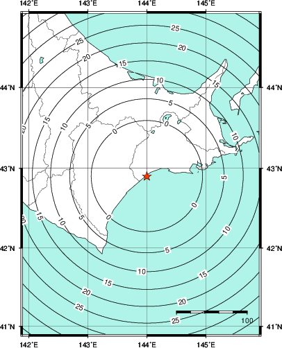 緊急地震速報第1報提供から主要動到達までの時間及び推計震度分布図