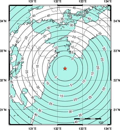 緊急地震速報第1報提供から主要動到達までの時間及び推計震度分布図