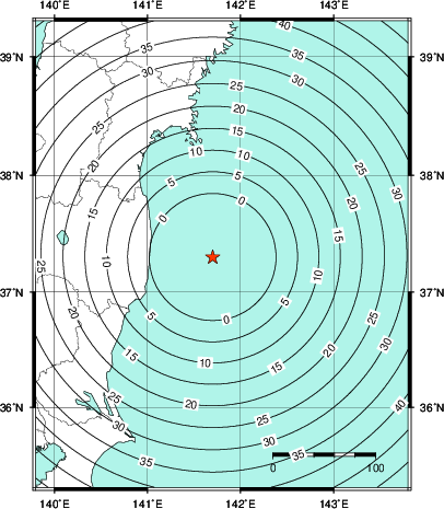 緊急地震速報第1報提供から主要動到達までの時間及び推計震度分布図
