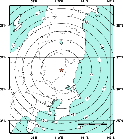 緊急地震速報第1報提供から主要動到達までの時間及び推計震度分布図