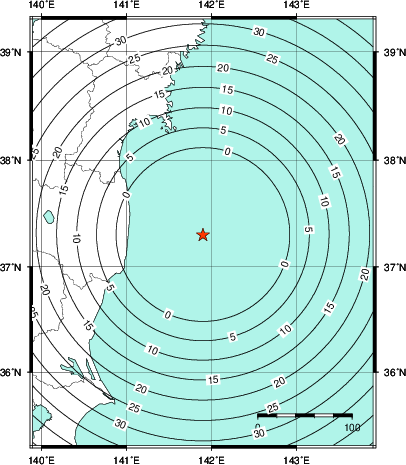 緊急地震速報第1報提供から主要動到達までの時間及び推計震度分布図