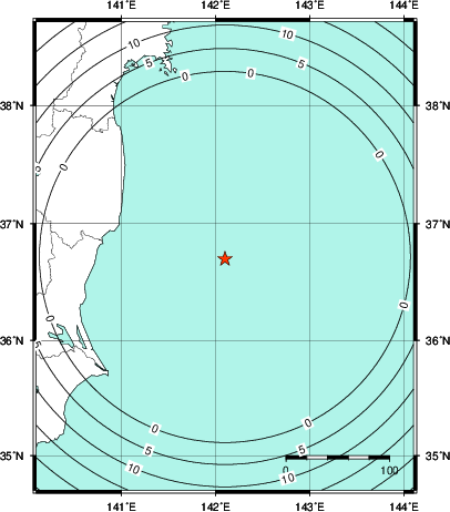 緊急地震速報第1報提供から主要動到達までの時間及び推計震度分布図